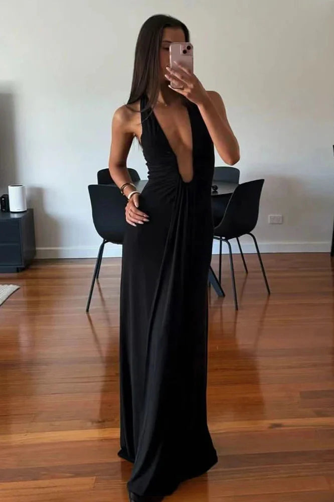 Elegant Deep V Neck Slim Sleeveless Maxi Dress