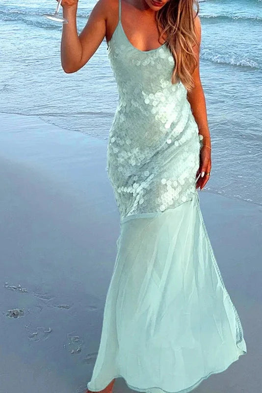 U Neck Backless Sleeveless High Waist Maxi Dress
