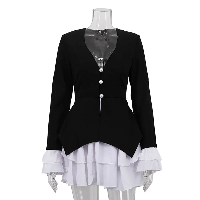 Elegant V-Neck High Waist Patchwork Mini Dress