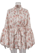Printed V-Neck Lace-Up Patchwork Loose Mini Dress