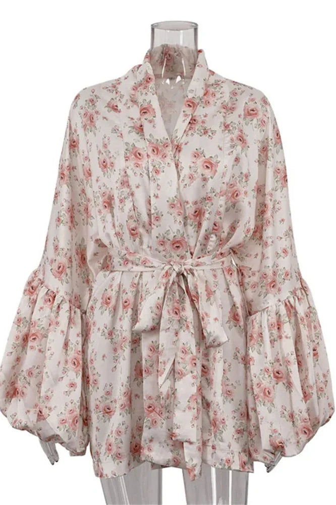 Printed V-Neck Lace-Up Patchwork Loose Mini Dress