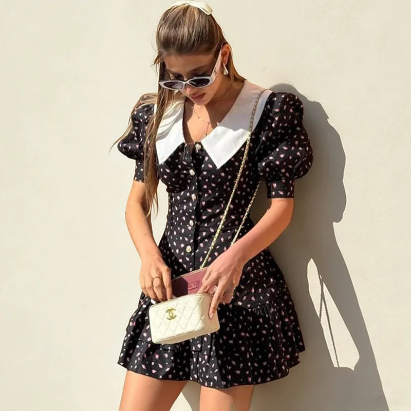 V-Neck Print Patchwork High Waist Mini Dress
