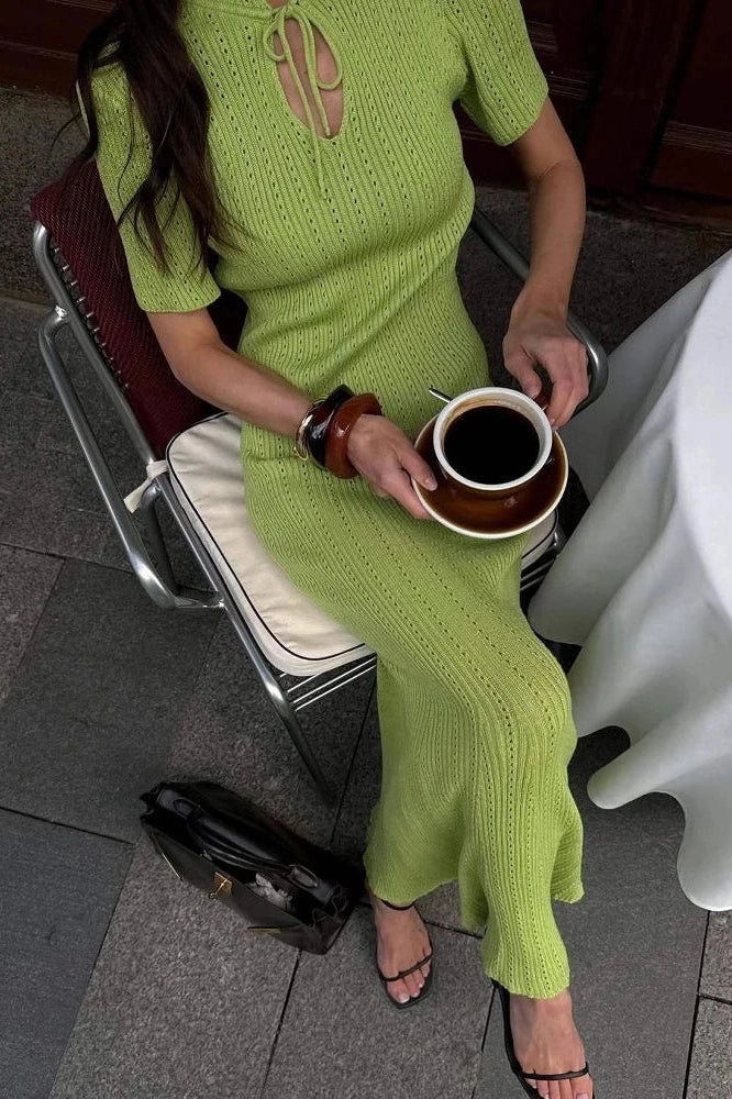 Hollow-Out Short Sleeve Knitted Slim High Waist Maxi Dress