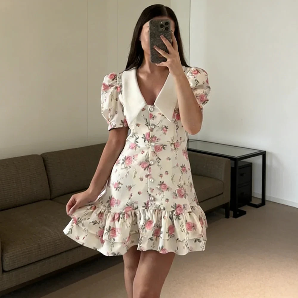 Printed V-Neck Puff Sleeve Single Breasted Mini Dress