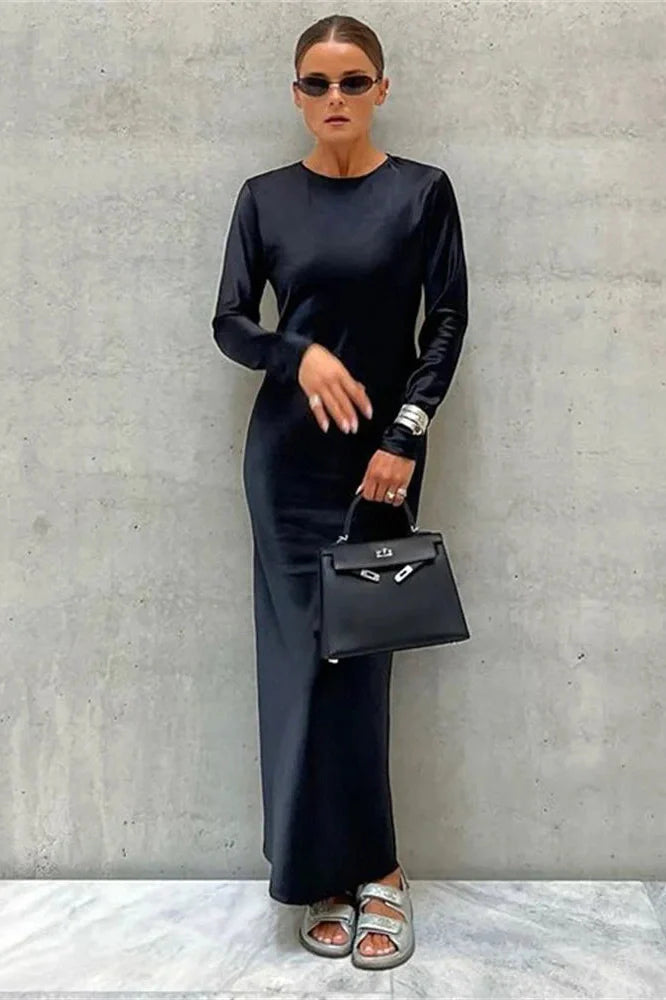 Hollow Out High Waist Slim Long Sleeve Zipper Maxi Dress