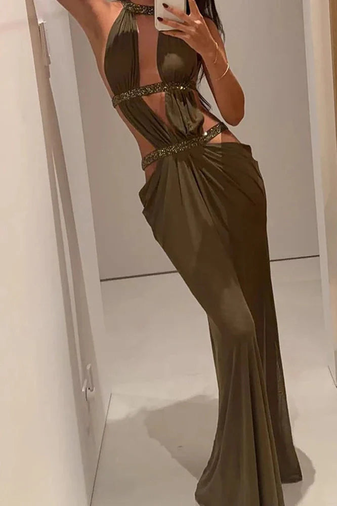 Hollow Out Backless Sleeveless Pleated Slim Maxi Dress