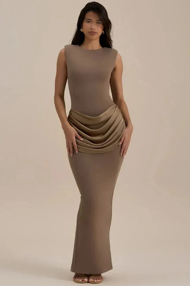 Sleeveless High Waist Patchwork O Neck Bodycon Maxi Dress