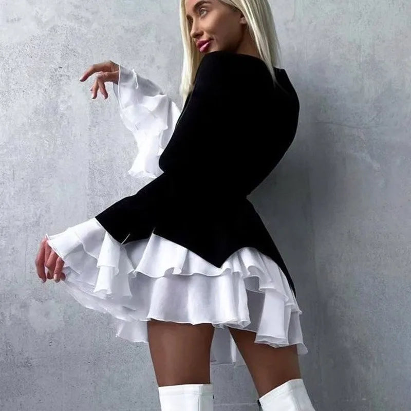 Elegant V-Neck High Waist Patchwork Mini Dress
