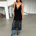 Lace Slit Deep V-Neck Loose Midi Dress