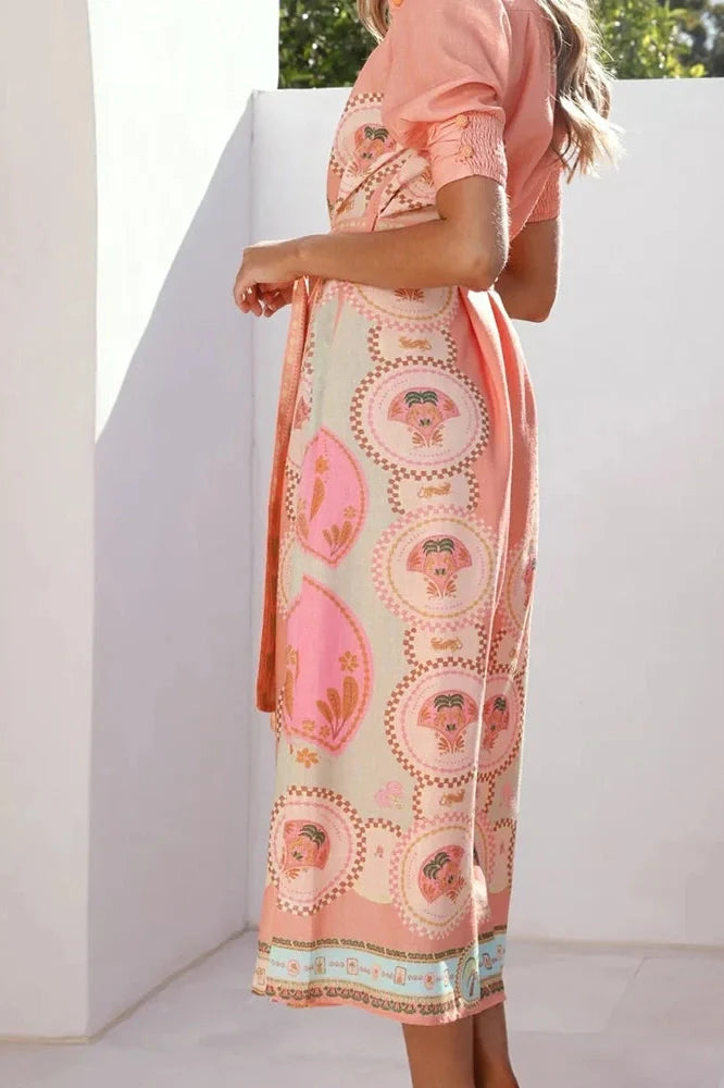 Elegant Lace Up High Waist Printed Short Sleeve Pleated Midi Dress
