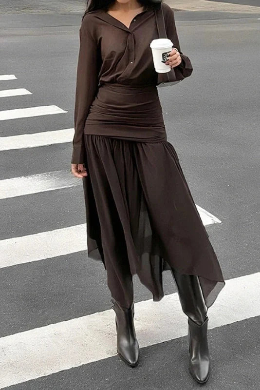 Long-Sleeved Pleated Slim High Waist Midi Dress
