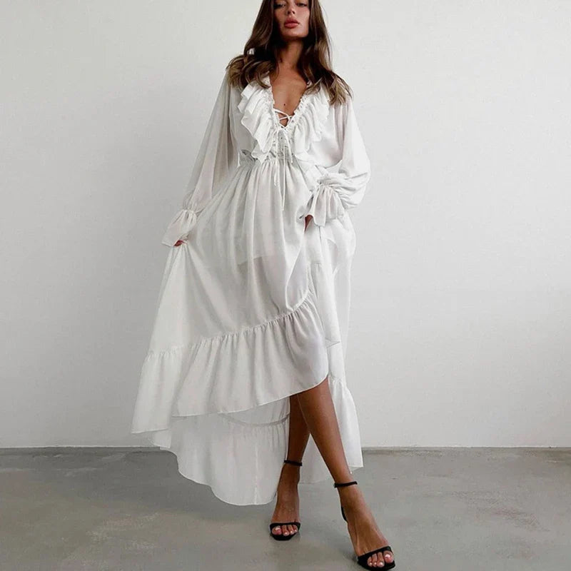 V Neck Flared Sleeves Loose A-Line Maxi Dress