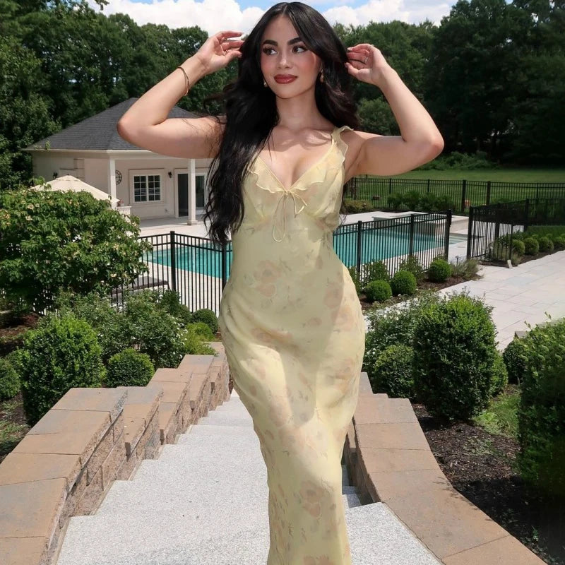 Printed V-Neck Sleeveless Slim Maxi Dress