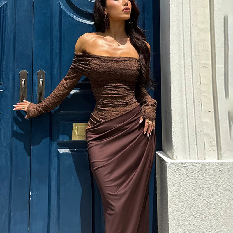 Off Shoulder Patchwork Backless See Through Maxi Dress
