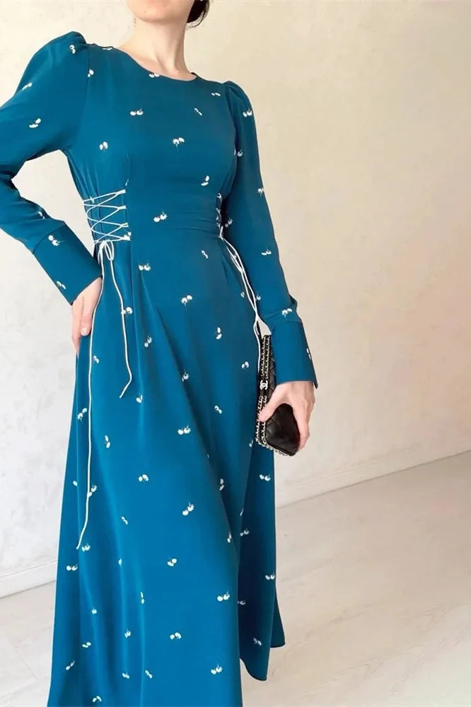 Printed Slim Patchwork Lace-Up Long Sleeve Maxi Dress