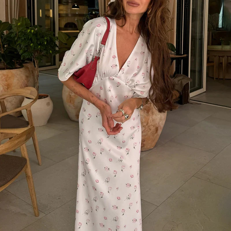 Printed V-Neck Short Sleeve Maxi Dress