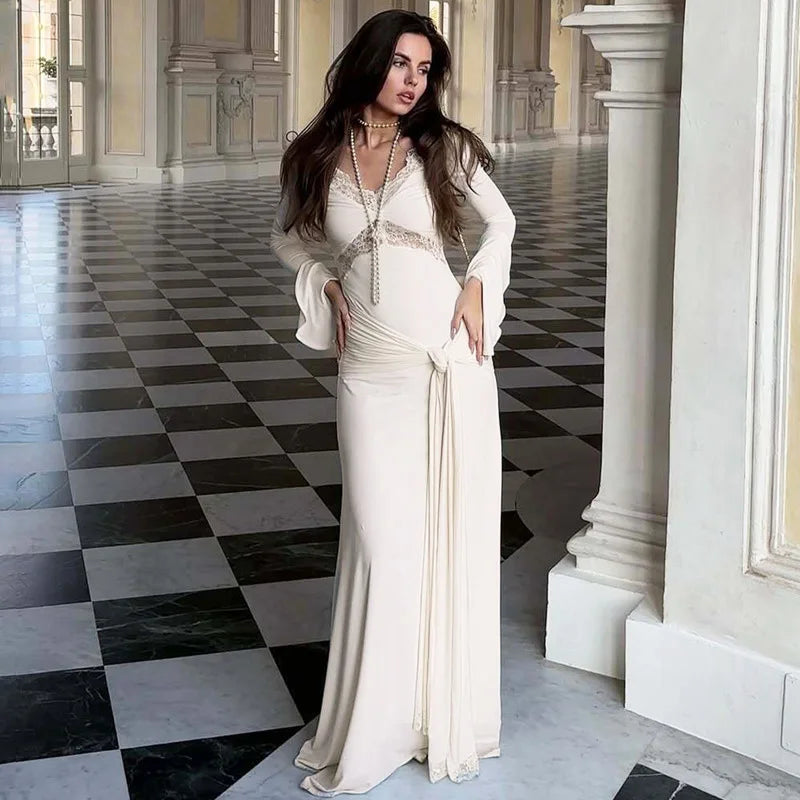 Elegant V-Neck Lace Lace-Up Patchwork Maxi Dress