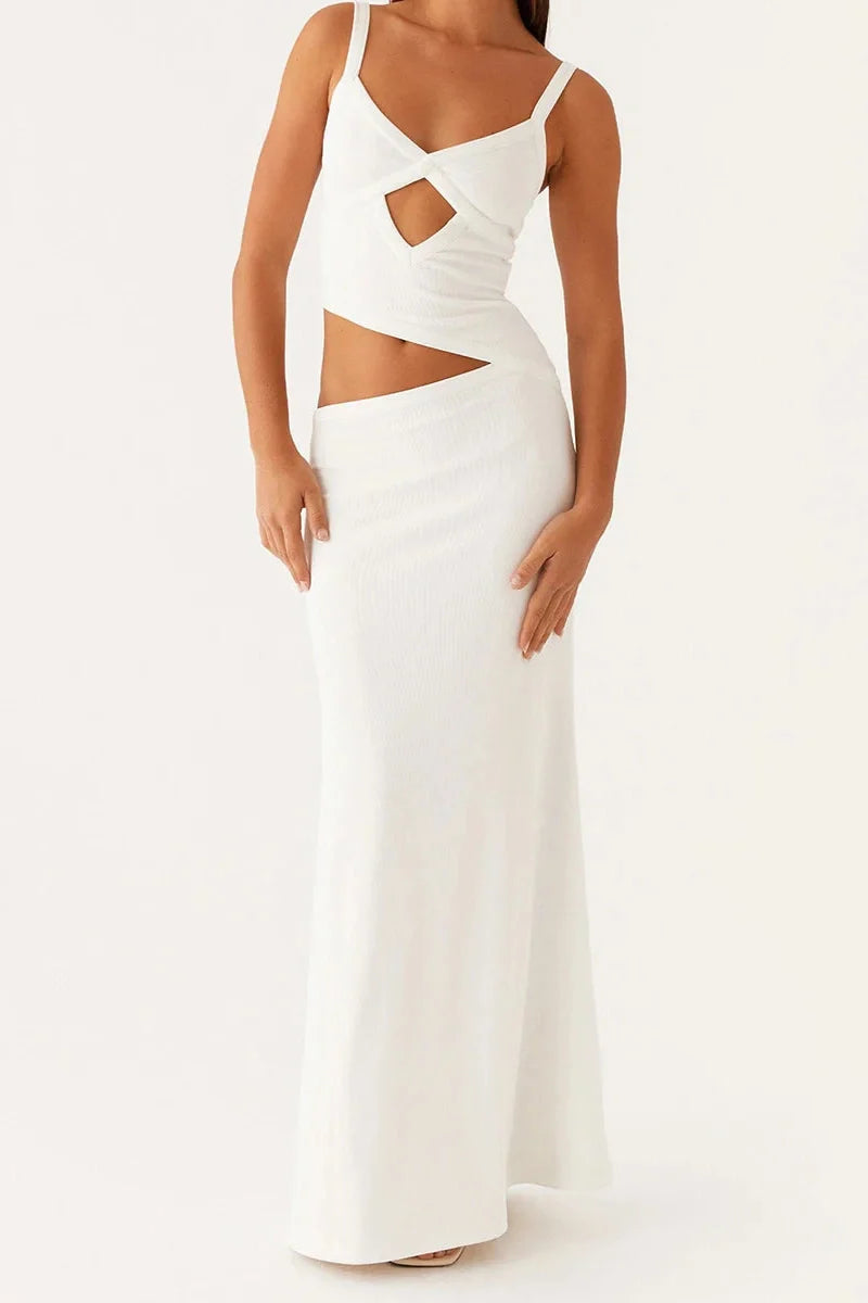 Hollowed Sleeveless V-Neck Backless Maxi Dress
