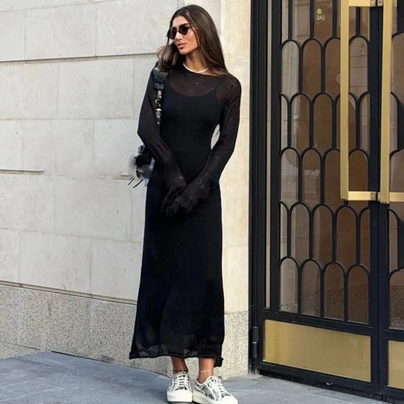 See Through Loose Long Sleeve Knitted Maxi Dress