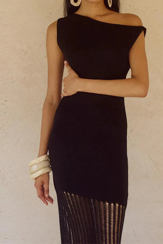 Knitted Slash Collar High Waist Slim Maxi Dress