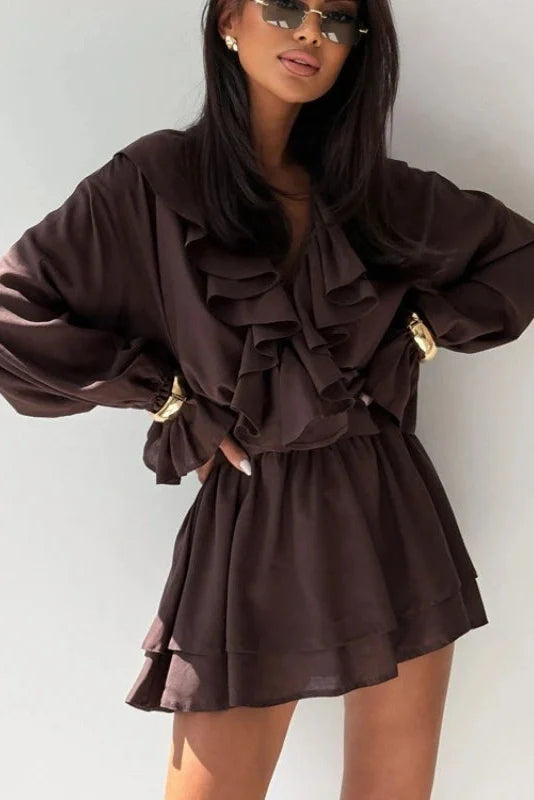 V-Neck Flared Sleeves High-Waisted A-Line Mini Dress