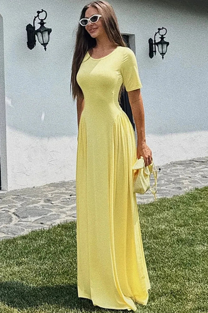 Short Sleeve O Neck High Waist Pleated Maxi Dress