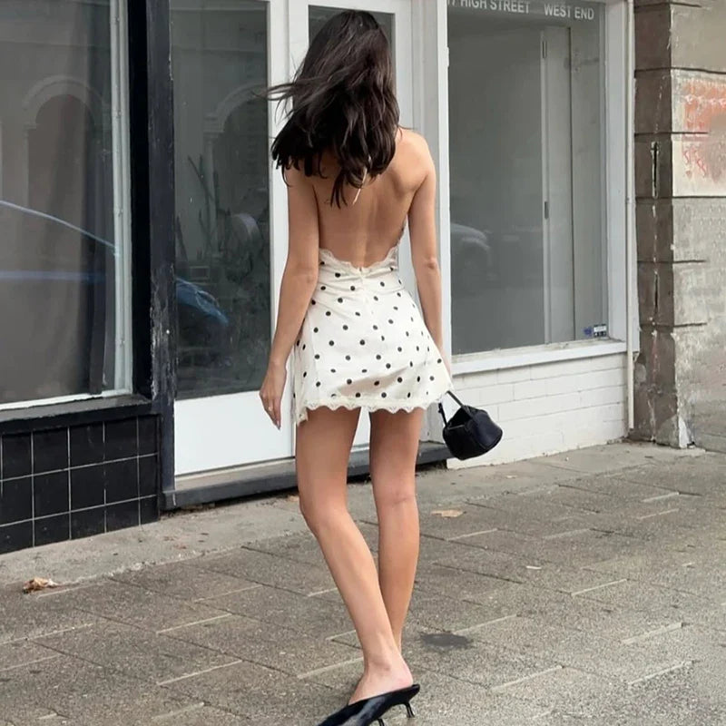 Polka Dot Lace Sleeveless Backless Mini Dress