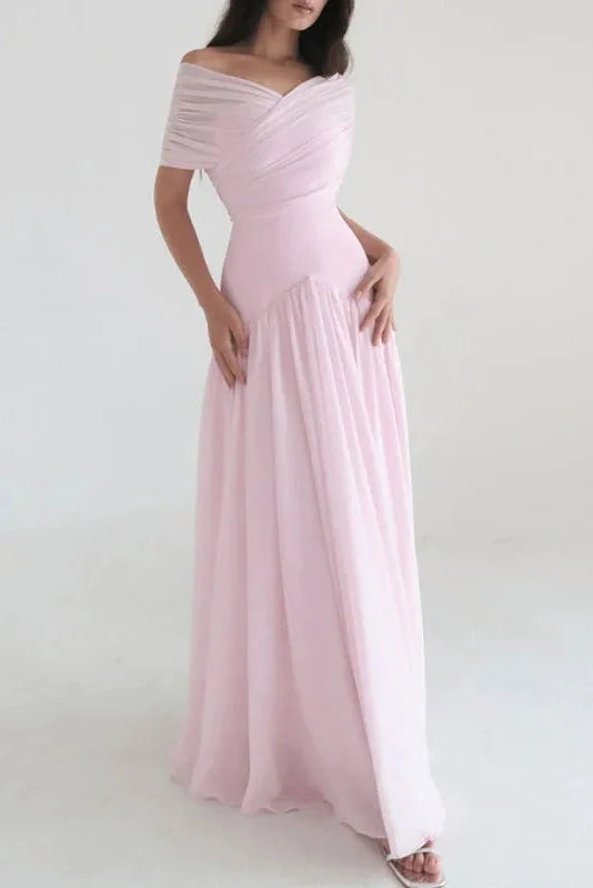 Off Shoulder High Waist Pleated Maxi Dress