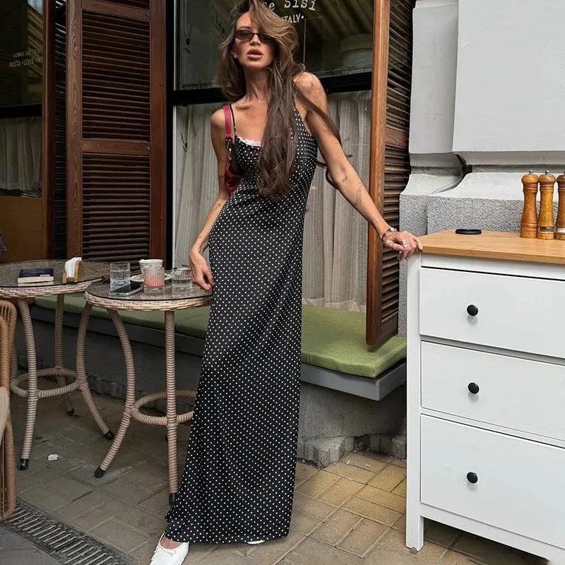 V-Neck Polka Dot Lace Patchwork Sleeveless Maxi Dress