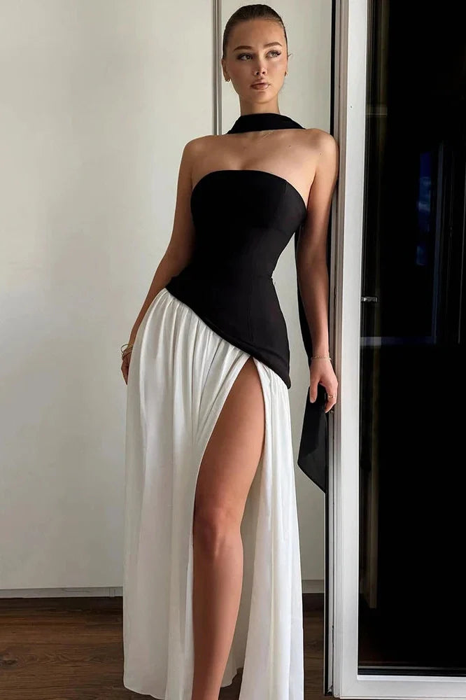 Elegant Slim Lace Up Strapless Irregular Maxi Dress