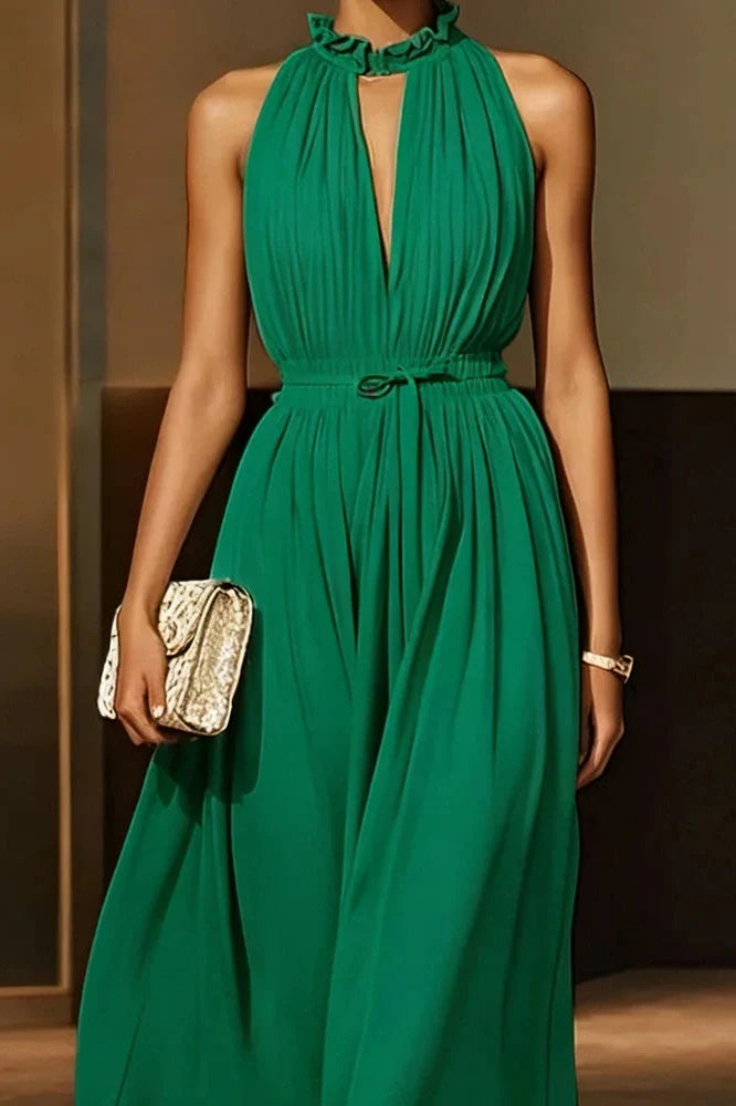 Elegant Off-Shoulder Sleeveless High Waist Backless Pleated Midi Dress