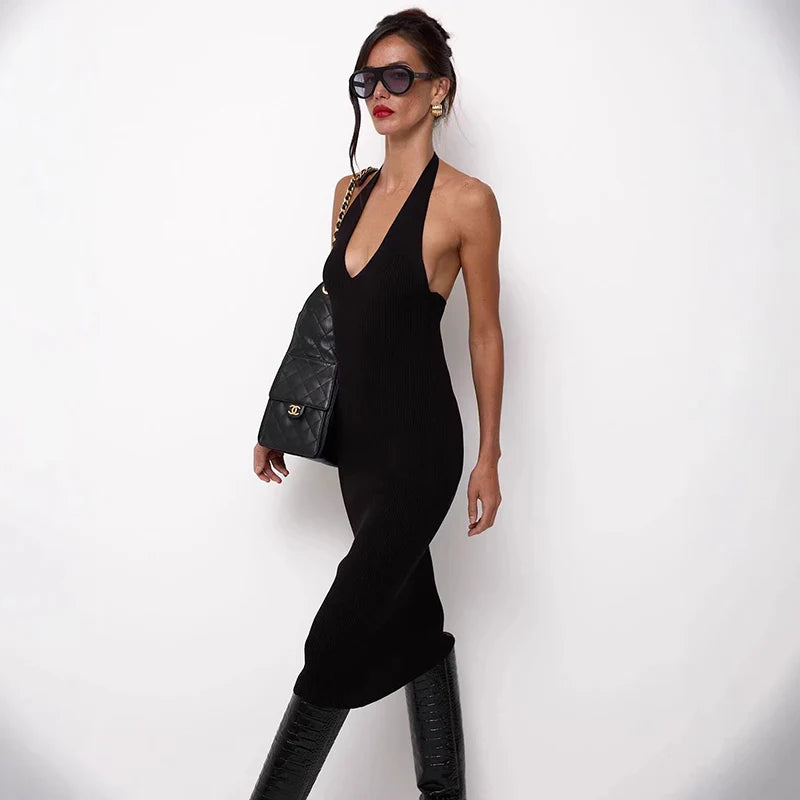 Knitted V-Neck Sleeveless Slim Midi Dress