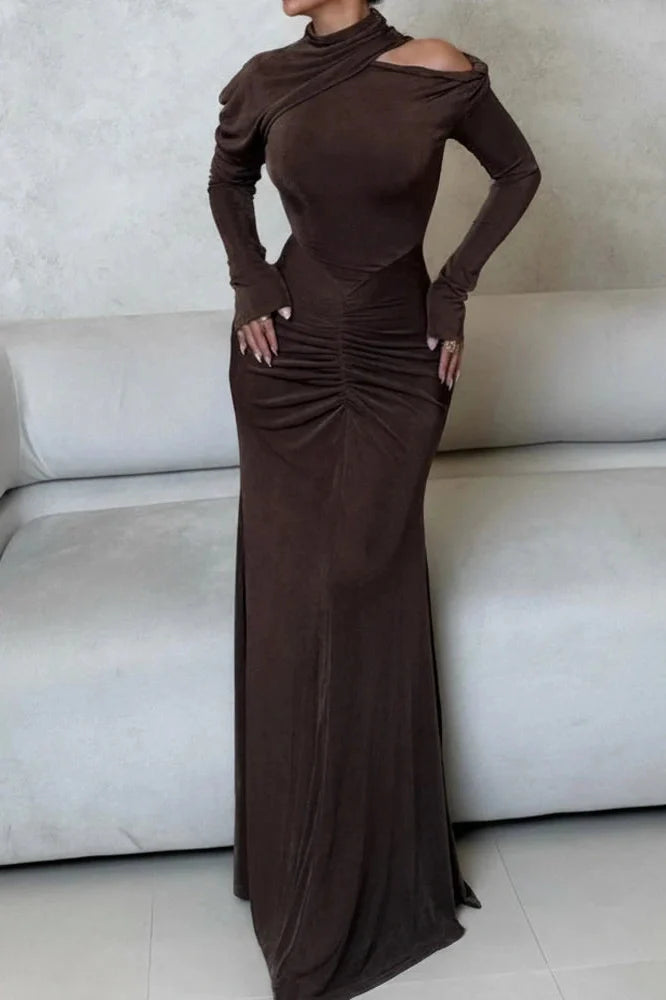 Hollow Out High Waist Slim Long Sleeve Maxi Dress