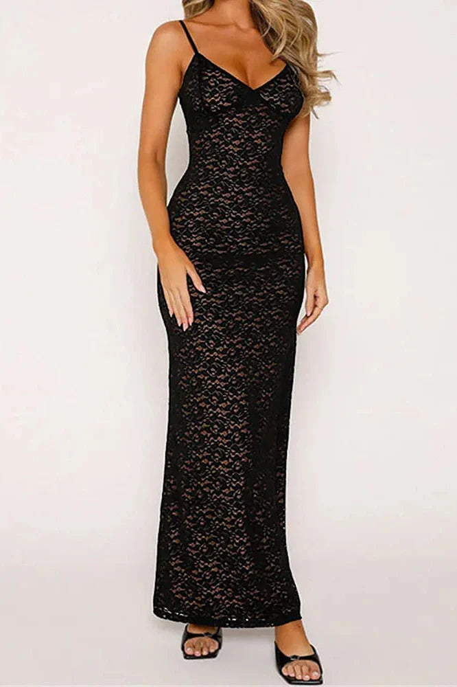 Lace Hollow Out Backless Slim V-Neck Maxi Dress