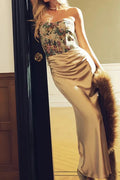 Printed Slim Pleated Strapless Off Shoulder Maxi Dress
