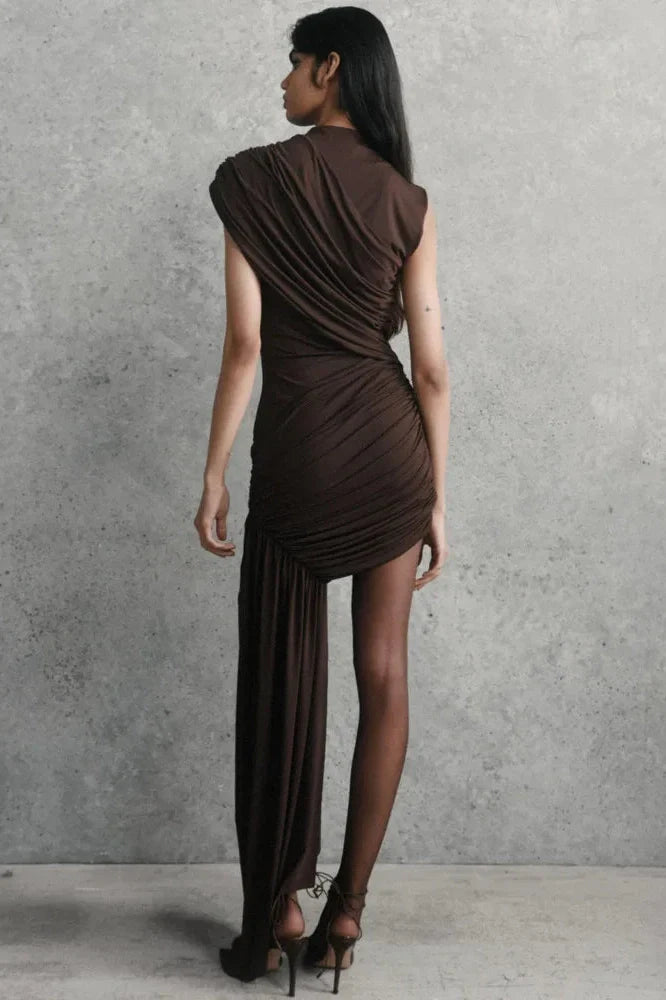 Turtleneck Sleeveless High Waist Pleated Irregular Mini Dress