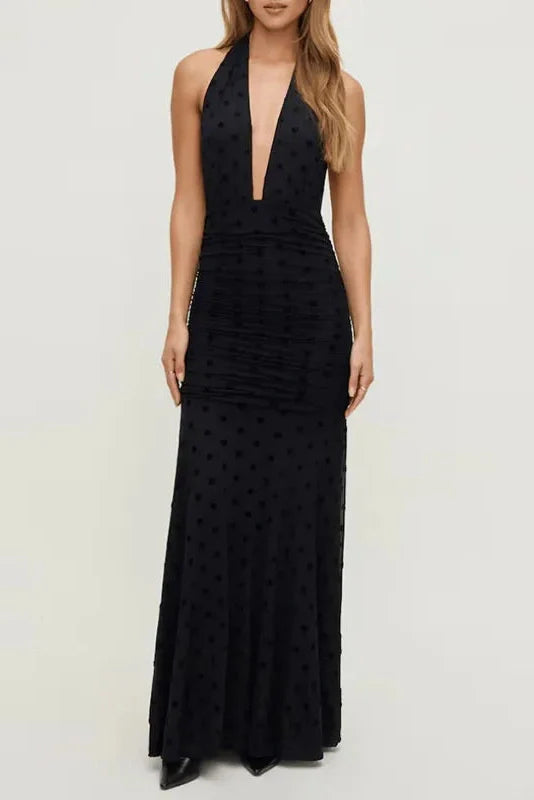 Hollow Out Backless Sleeveless Slim Deep V-Neck Printed Maxi Dress