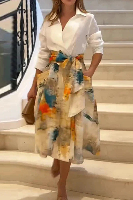 Long Sleeve Lace Up Printed High Waist Pleated Midi Dress