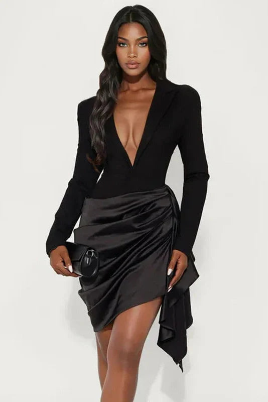 Elegant Deep V-Neck Long-Sleeved High Waist Mini Dress
