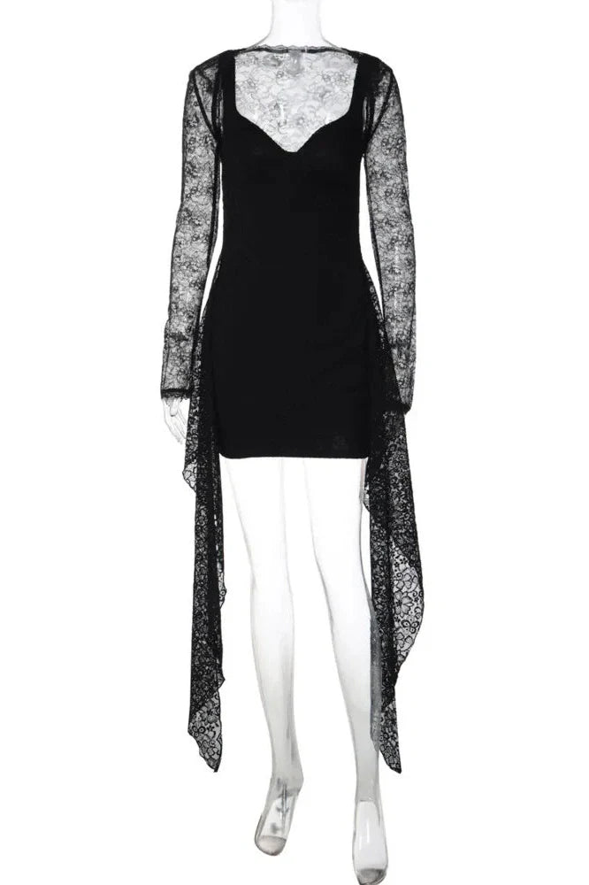 Lace See Through Square Collar Backless Long Sleeve Mini Dress