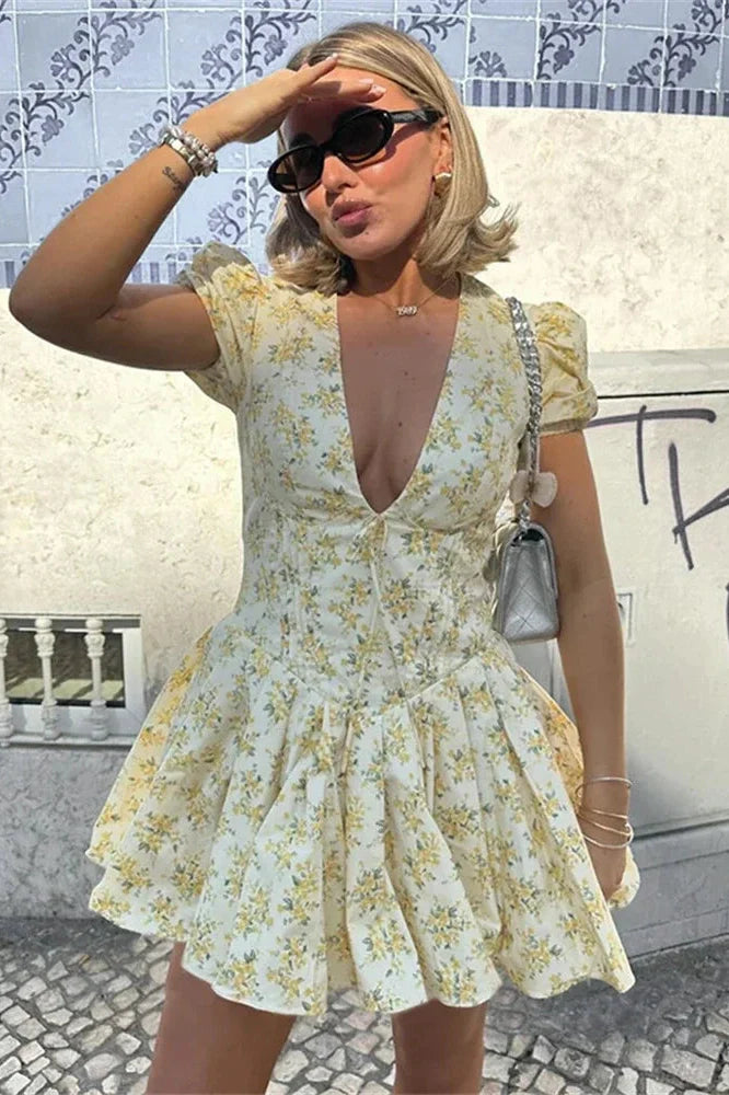 Deep V Neck A-Line High Waist Pleated Printed Mini Dress