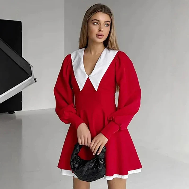 Lantern Sleeve High Waist A-Line Mini Dress
