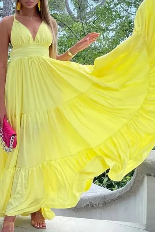 Pleated V-Neck Sleeveless High Waist Maxi Dress