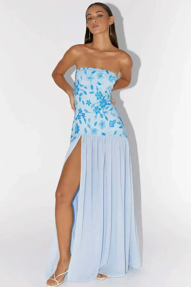 Off-Shoulder Split Print Strapless Backless Pleated Maxi Dress