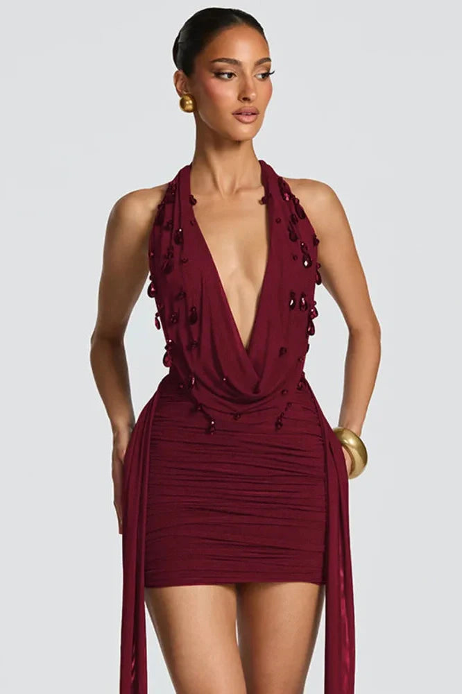 Deep V Neck Backless Off-Shoulder Mini Dress