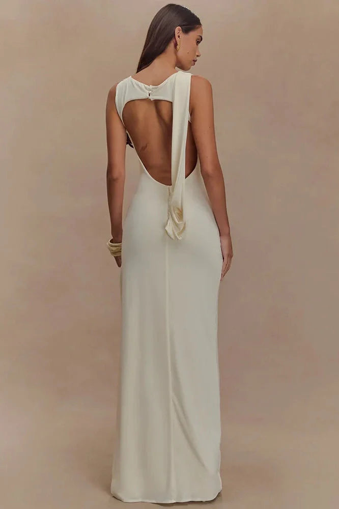 Backless O Neck High Split Bodycon Maxi Dress