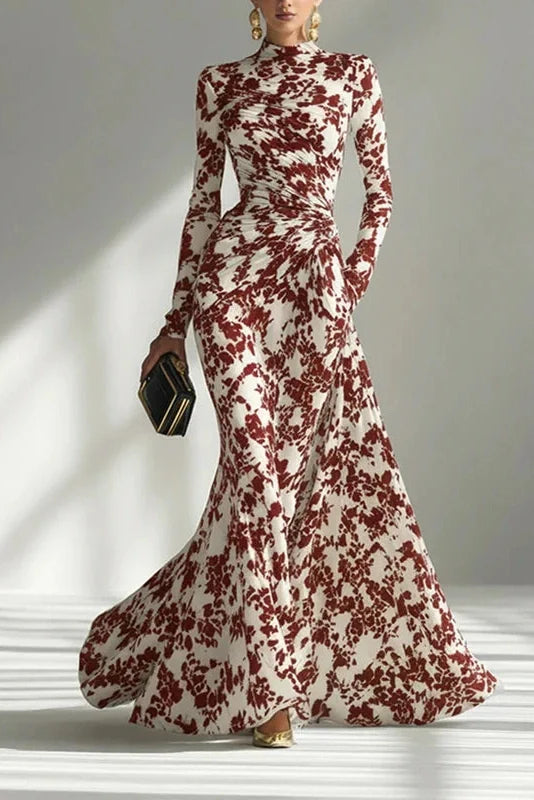 Long Sleeve Slim Pleated High Waist Printed Maxi Dress