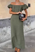 Elegant Slim High Waist Off-Shoulder Puff Sleeve Maxi Dress