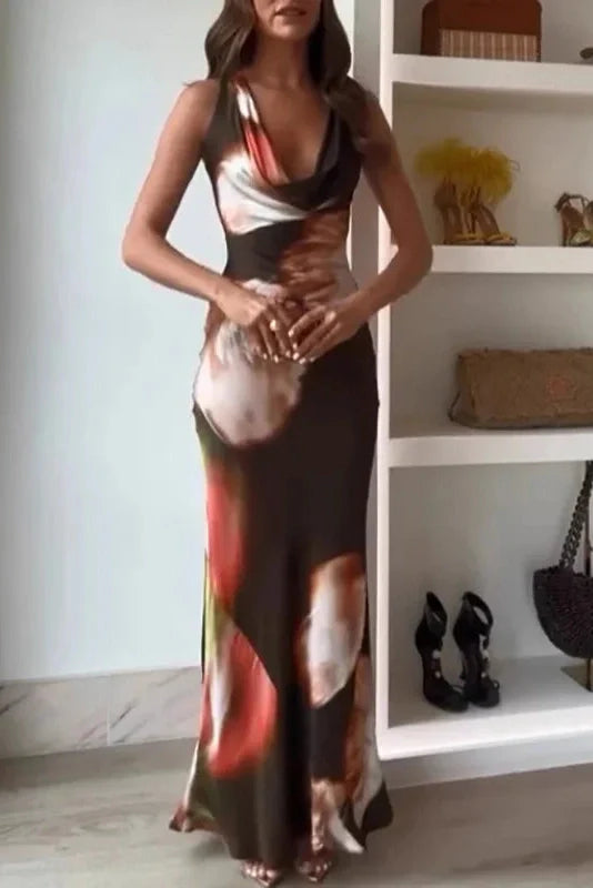 Elegant High Waist Printed Sleeveless Backless Bodycon Maxi Dress