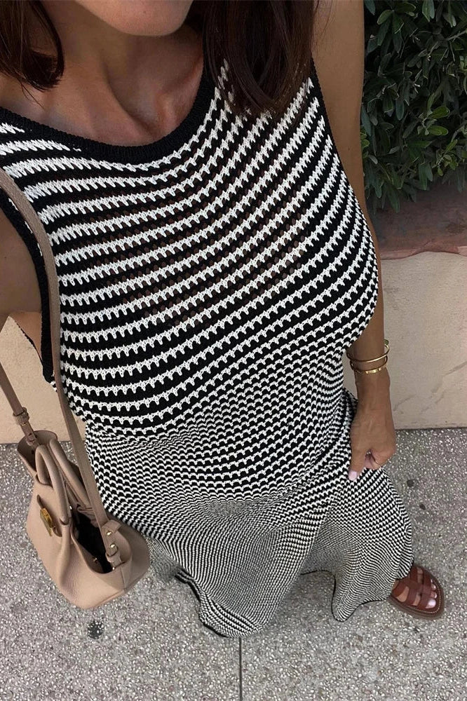 Hollow Out Striped Sleeveless Slim High Waist Maxi Dress